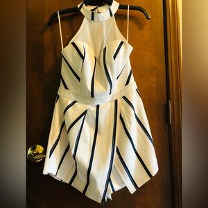 Luxxel size Large romper. Blue, white, tan stripes. Lined, mesh top. Sleeveless